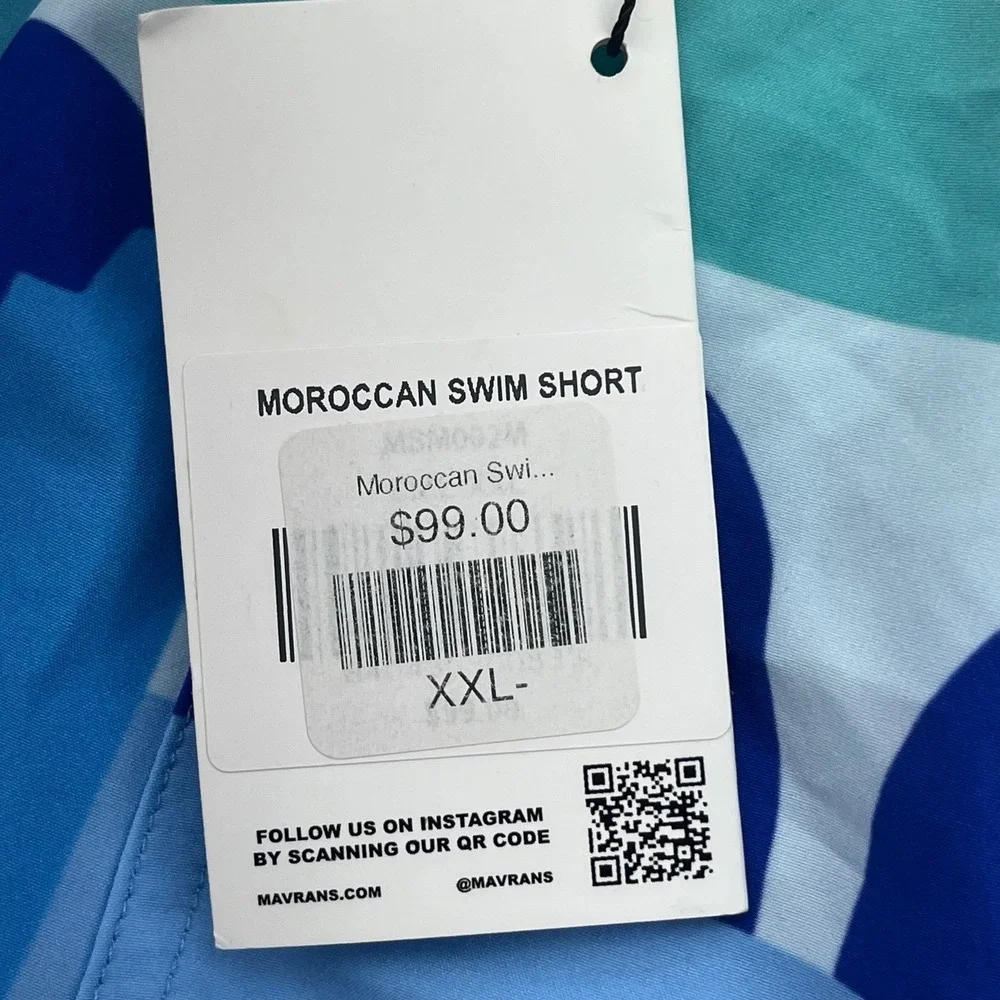 MAVRANS Mens Moroccan Swim Shorts XXL Blue Print Elastic‎ Waist Drawstring NEW